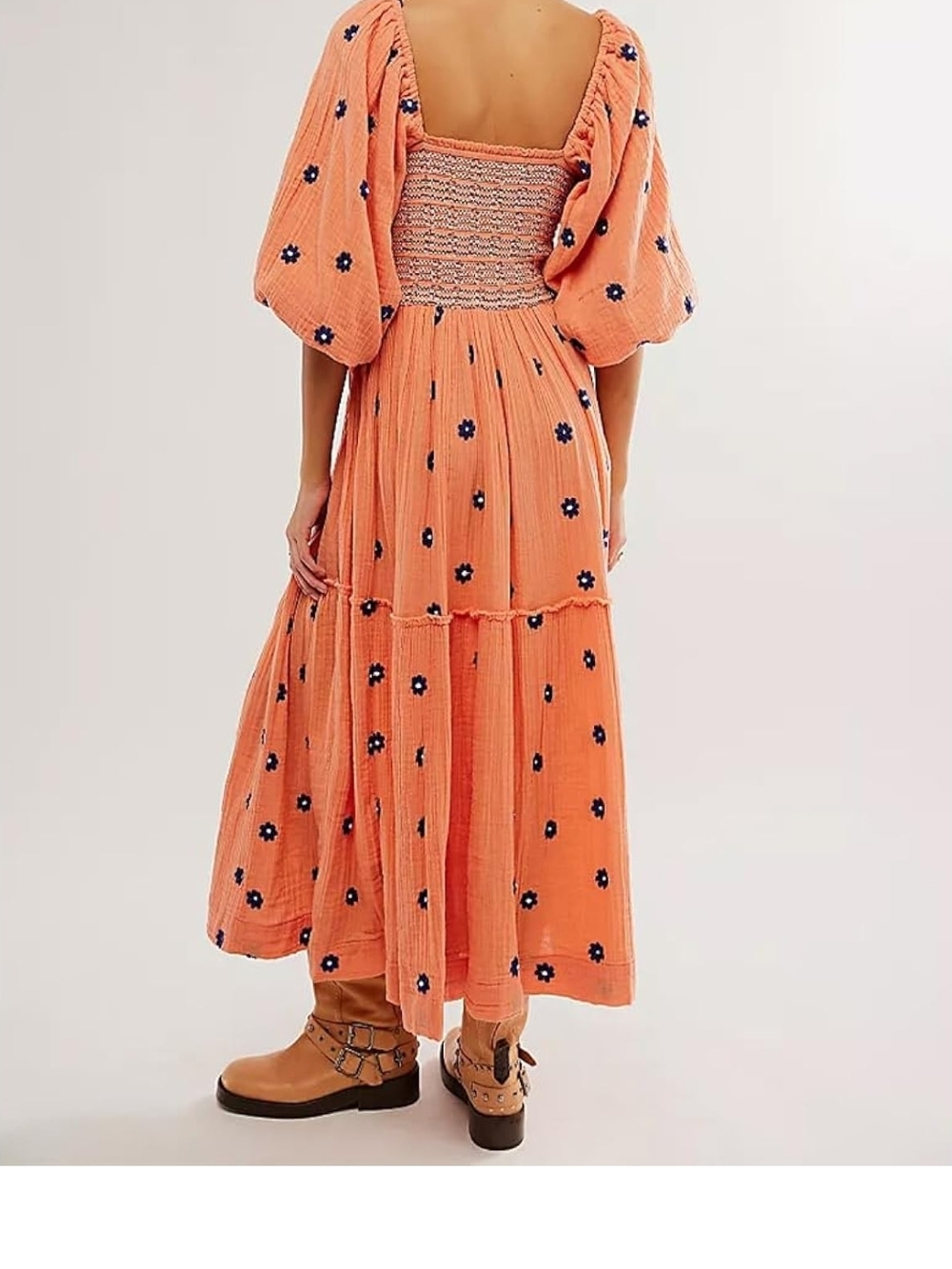 Women's Orange Puff Sleeve Smocked Midi Dress - Picture 4 of 5